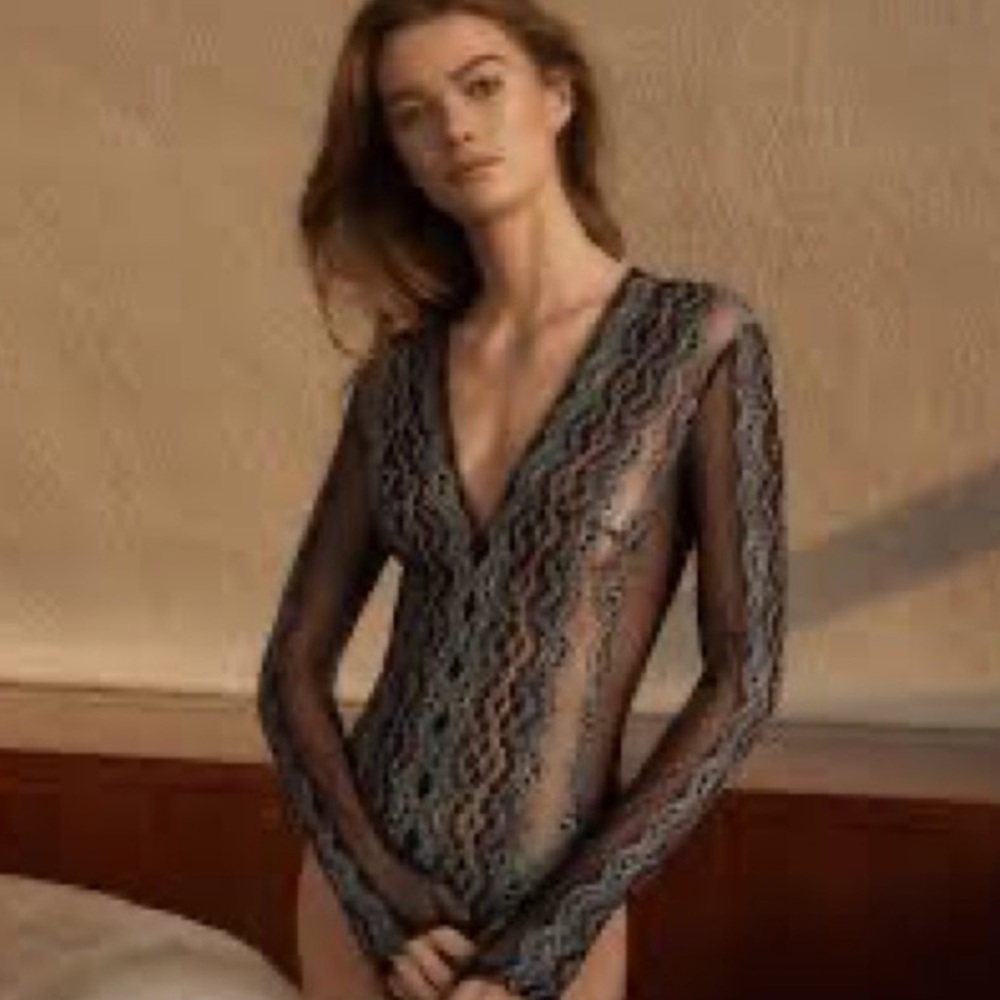 BCBG sheer embroidered bodysuit
